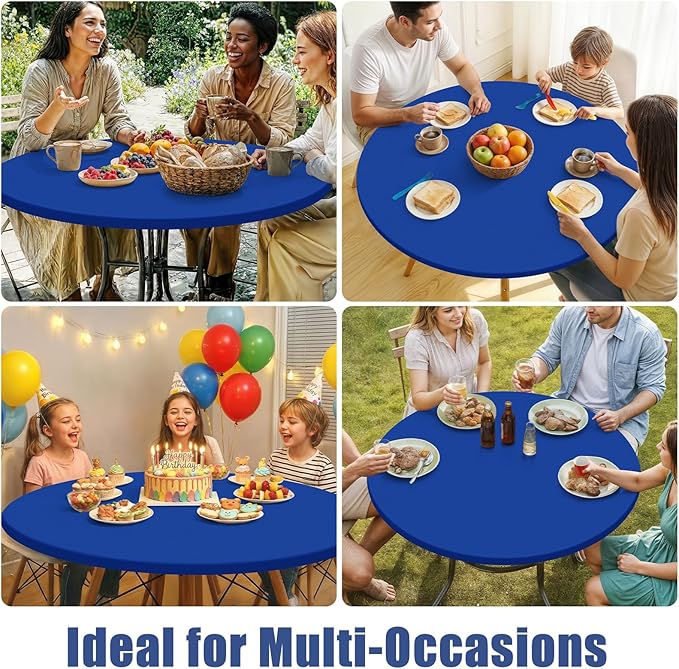 Round Spandex Tablecloth, Elastic Fitted Waterproof Tablecloths for 42"-50" Tables, Stretch Washable Picnic Table Cover for Camping, Dining, Indoor and Outdoor, Blue