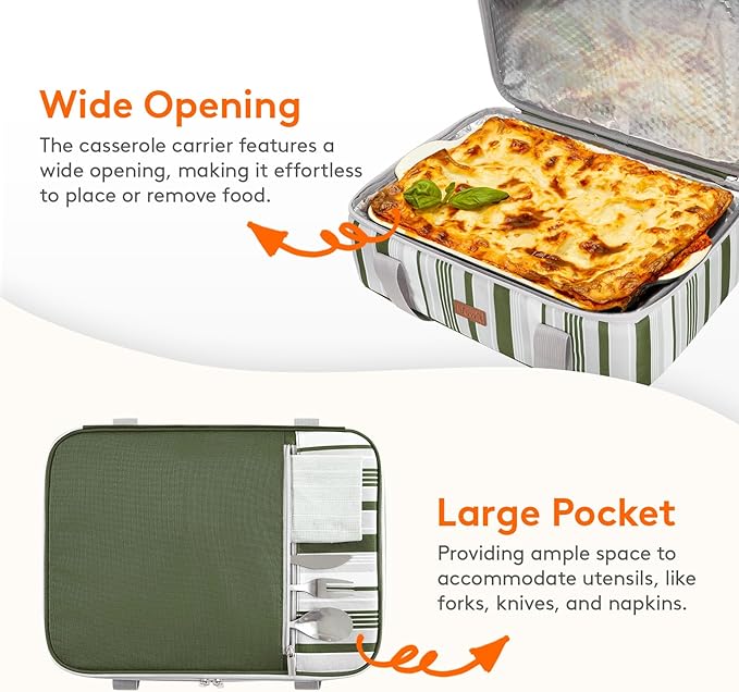 Lifewit Insulated Casserole Carrier for Hot or Cold Food, Casserole Dish with Lid and Carrying Case, Lasagna Holder for Potluck Parties/Picnic/Cookouts, Fits 9"x13" Baking Dish, Dark green
