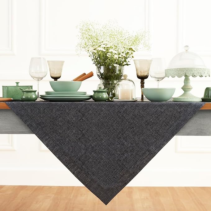 Solino Home Linen Square Tablecloth 52 x 52 Inch - 100% Pure Linen Charcoal Grey Table Throw - Athena, Machine Washable Tablecloth for Winter