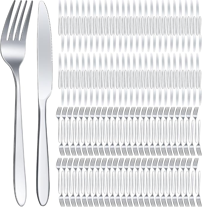 Nuenen 150 Pcs Stainless Steel Set Include 75 Dinner Forks and 75 Knives, Metal Steak Knives Forks Flatware Tableware Cutlery Set for Home Restaurant Hotel, Mirror Polished, Dishwasher Safe (Silver)