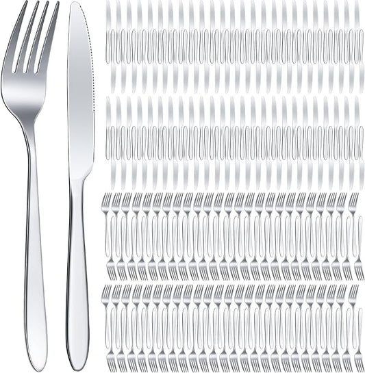 Nuenen 150 Pcs Stainless Steel Set Include 75 Dinner Forks and 75 Knives, Metal Steak Knives Forks Flatware Tableware Cutlery Set for Home Restaurant Hotel, Mirror Polished, Dishwasher Safe (Silver)
