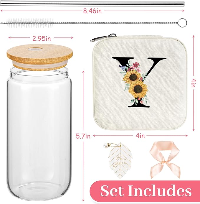AYGXU Travel Gifts for Women,16oz glass cups with lids and straws,mom birthday gifts,aesthetic cups,coffee cups,travel jewelry case organizer,Travel Essentials Small Jewelry Box,Initial Y white