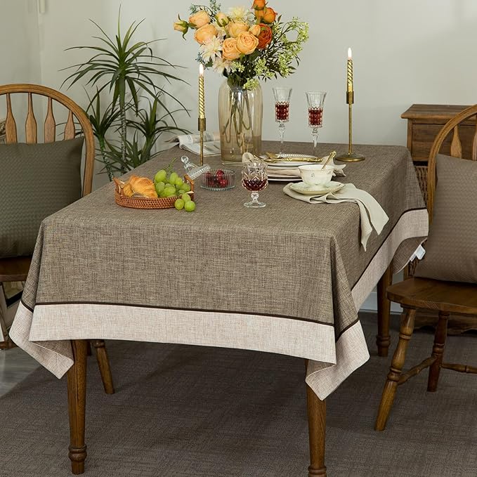 Solid Bordered Retro Tablecloths Classic Textured Table Clothes Linen Style Rustic Washable Tablecloth Rectangle Table Cloth,Kitchen Dinning Tabletop Decoration,Oblong Table Cover Flax 55x102 Inch