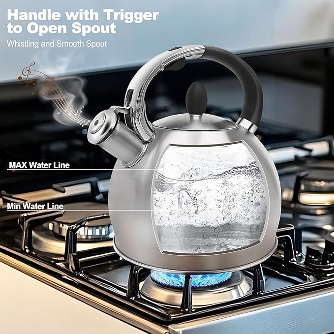 Stainless Steel Tea Kettle, Tea Kettles Stovetop, Vintage Whistling Teapot for Stove, Durable and Rust-Resistant, with a Pot Holder Included, 2.64 Quart (Brushed)