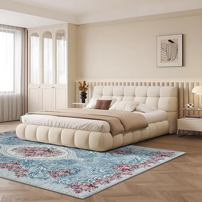 Easy-Going Area Rug 6x9 Washable Floral Rugs for Living Room Non-Slip Bedroom Rug Low Pile Lightweight Retro Flowers Throw Rug for Dining Room Kitchen Home Office Carpet, Teal Red