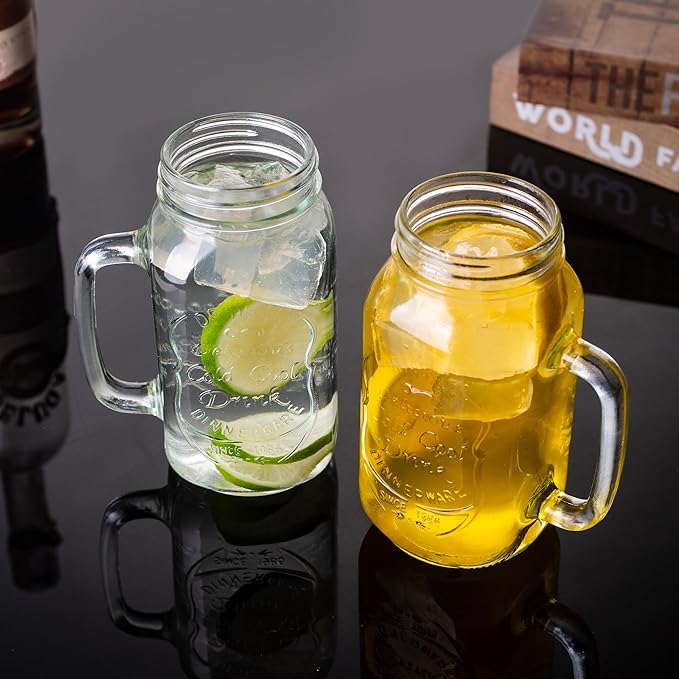 24 OZ Mason Jar Drinking Glasses for Party Beverages Materials and Jars with Comfortable Handle Easy to Clean in the Dishwasher 4Pack