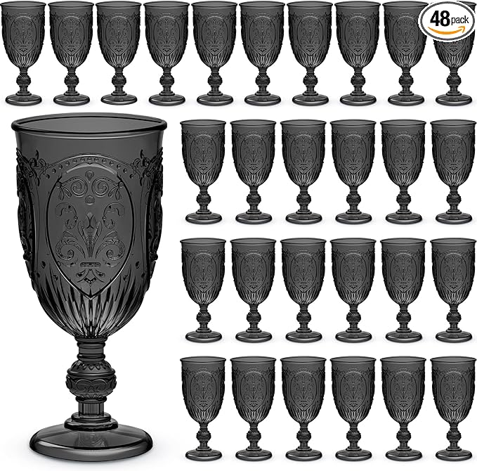 48 Pcs Plastic Goblets 7.5oz Vintage Goblet Plastic Wine Glasses Colored Retro Embossed Water Goblets for Wine Bar Juice Baby Shower Wedding Reception Grand Event Party (Black)