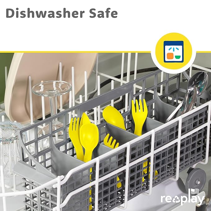 RE-PLAY Made in USA 8pk Toddler Feeding Utensils Spoon and Fork Set | Eco Friendly Recycled Milk Jugs - Virtually Indestructible | Red, Yellow, Lime Green, Sky Blue (Preschool)