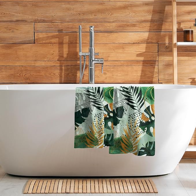 Imiss Tropical Palm Leaf Hand Towels Set of 2 Green Gold Boho Leaves Fingertip Small Bath Towels Dish Towel for Hotel Spa Gym Decor, 14.4 x 28.3 Inch