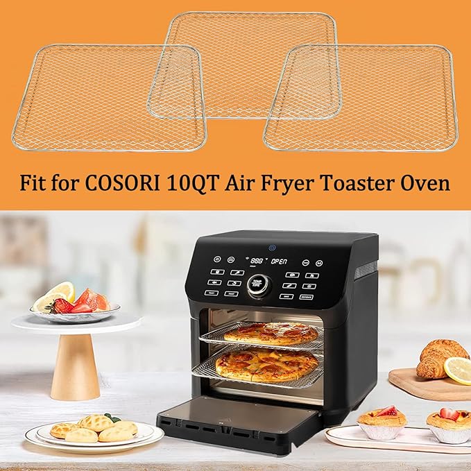 ALJ 3PCS Air Fryer Oven Mesh Rack for COSORI 10QT Air Fryer Toaster Oven, Premium Dehydrator Rack Shelf Grid Grill Pan Crisper Cooking Plate Tray Insert Grate for COSORI Air Fryer, Dishwasher Safe