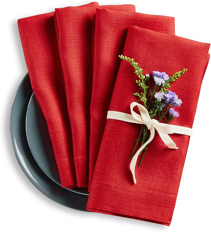 Solino Home Red Linen Napkins Set of 4-100% Pure Linen Cloth Washable Dinner Napkins 20 x 20 Inch for Valentines, Holiday, Winter, New Year - Fete