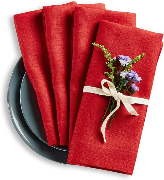 Solino Home Red Linen Napkins Set of 4-100% Pure Linen Cloth Washable Dinner Napkins 20 x 20 Inch for Valentines, Holiday, Winter, New Year - Fete