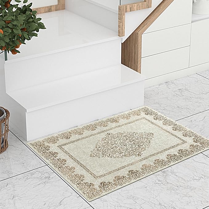 Easy-Going Boho Neutral Area Rug 3x5 Entryway Rug Washable Inside Door Mats for Home Entrance Non-Slip Floral Brown Small Rugs for Entry Living Room Bedroom Kitchen Bathroom Office Lightweight Carpet