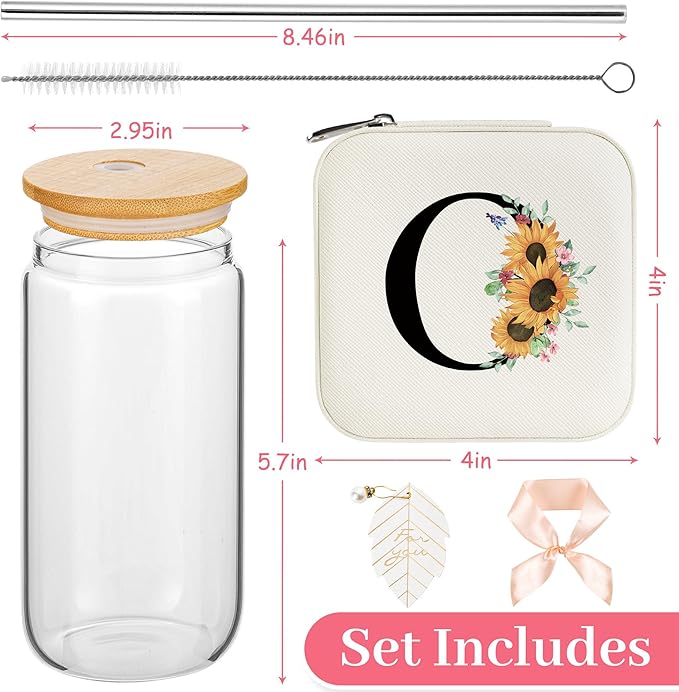 AYGXU Initial Glass Cups with Lids & Straws, Jewelry Case & Organizer, Coffee Cups, Women's Travel Essentials, Initial O White
