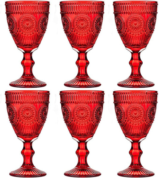 Red Vintage Wine Glasses Set of 6, 10 Ounces Colored Glass Water Goblets, Unique Floral Embossed Pattern High Clear Stemmed Glassware Wedding Party Bar Drinking Cups Fancy Glasses Hand Wash Only