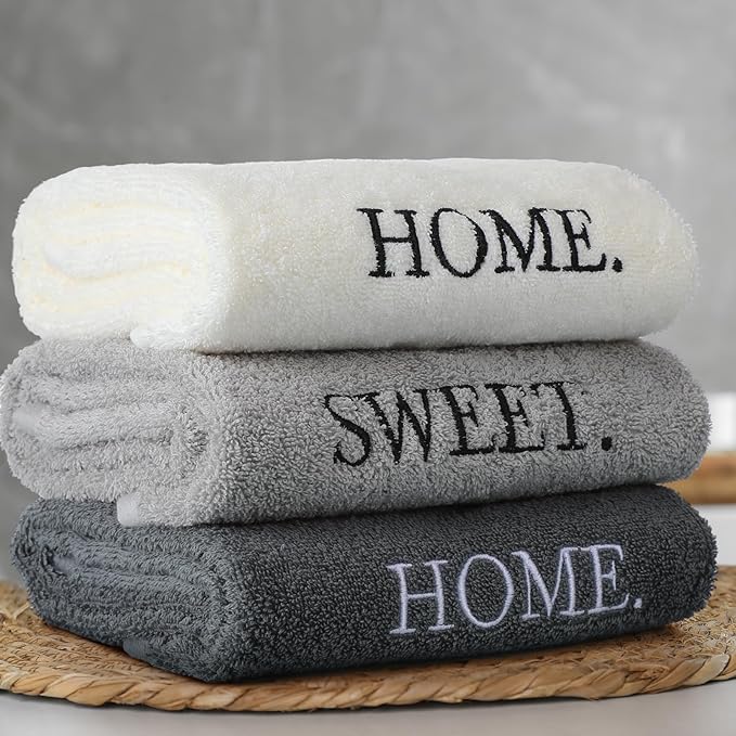3 Pcs Farmhouse Decorative Hand Towels for Bathroom and Kitchen Rustic Embroidered 100% Cotton Hand Towels Decorative Set for Boho Bathroom Decor (Gray,Home Sweet Home)
