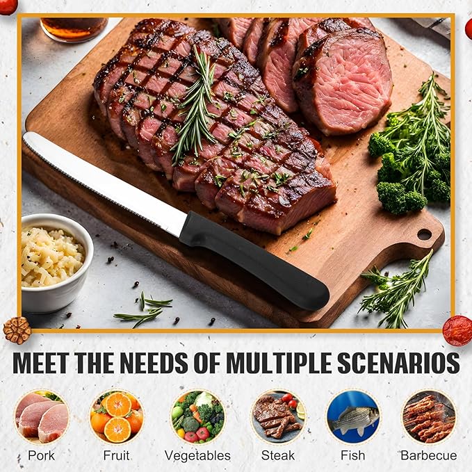 Zhehao 150 Pcs 8.39 Inches Steak Knife Sets Black Stainless Steel Serrated Edge Dinner Knives with Plastic Handle and Round Tip for Home Restaurant