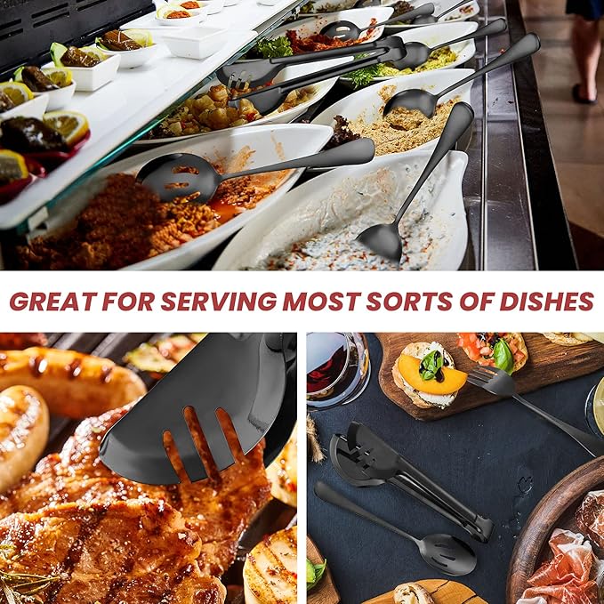 Patelai 8 Pieces Christmas Stainless Steel Black Serving Utensils Set 8.7" Large Spoons and Slotted Spoon 9.45" Tong 9" Forks Flatware Wedding Party Buffet Banquet Cooking Kitchen Catering