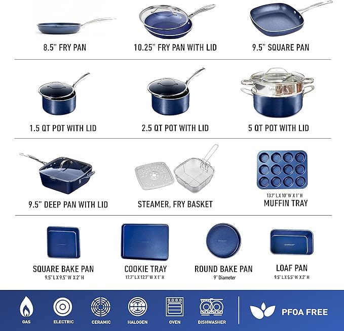 Granitestone Ceraluxe 20Pcs Ceramic Cookware Set Nonstick, Complete Pots and Pans Set Non Stick with 5 Pc Bakeware Set, Deep Frying Pan Set, & Steamer, Non Toxic PFOA Free, Oven & Dishwasher Safe