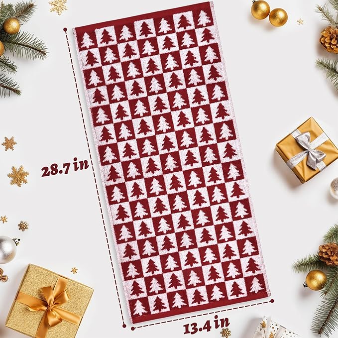 Jacquotha Christmas Hand Towels for Bathroom - 4-Piece Red Checkered & Tree Kitchen Towels, Festive Decor and Everyday Use, Cotton, 13” x 29”