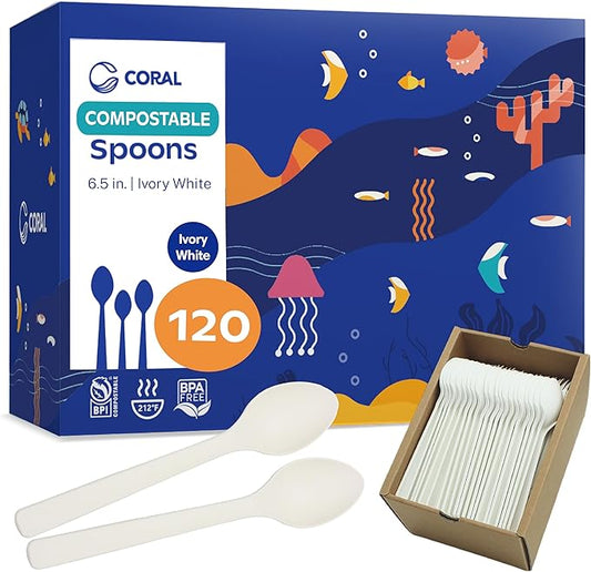 CORAL Ivory White 100% Compostable Spoons - 120 Heavy Duty No Plastic Spoons (6.5 inch) - Break Resistant with Smooth Edges, Ocean Friendly Alternative to Plastic Utensils - Biodegradable & Disposable