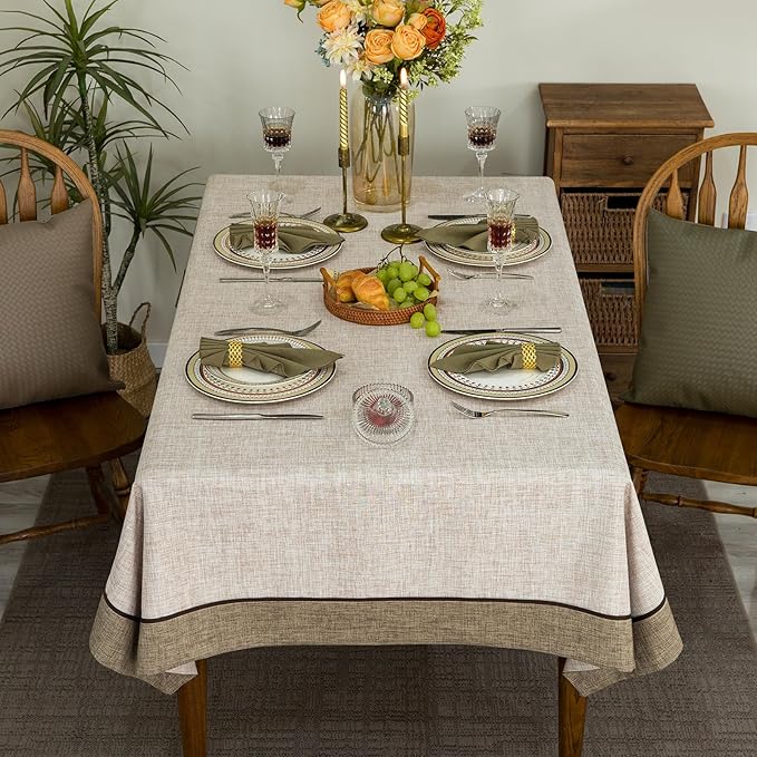 Classic Textured Linen Style Tablecloth,Rustic Washable,Solid Bordered Retro Rectangle Table Cloth,Kitchen Dinning Tabletop Decoration,Oblong Table Cover, Linen 55x120 Inch