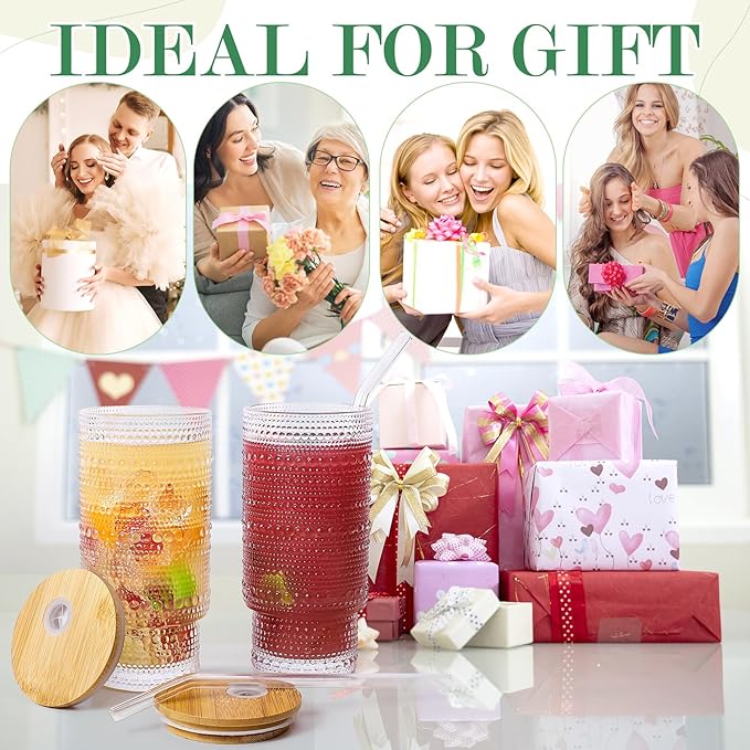 16 Oz Glass Cups with Lids and Straws, Vintage Embossed Glassware for Whiskey Cocktail Beer, Iced Coffee Cup with Lid, Glass Tumbler (4 PACK)