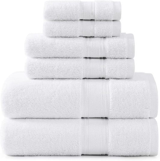 LANE LINEN Towel Set of 6 – 100% Mercerized Cotton, Zero Twist, 2 Large Bath Towel, 2 Hand Towels & 2 Wash Cloths, Quick Dry & Long-Lasting, Perfect for Family Bathrooms, Easy Care – White Towels