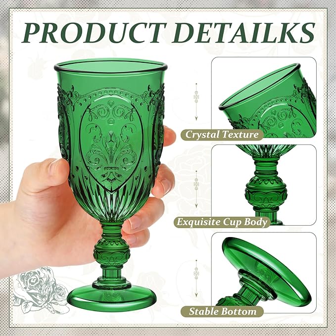 24 Pcs Plastic Goblets 7.5oz Vintage Goblet Plastic Wine Glasses Colored Retro Embossed Water Goblets for Wine Bar Juice Baby Shower Wedding Reception Grand Event Party (Dark Green)