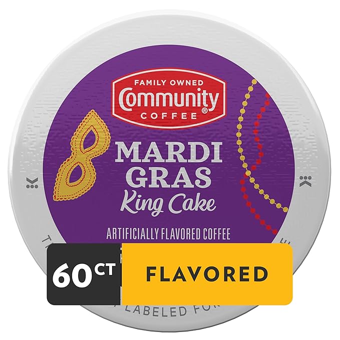 Community Coffee Mardi Gras King Cake Flavored, 60 Single-Serve Keurig K-Cup Pods, Medium Roast, 60 Count (Pack of 1)