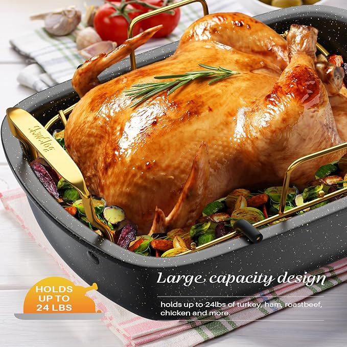 Nonstick Roasting Pan with Rack, 17" x 13" Large Turkey Roaster Pan, Oven Roasting Pan, Roaster Pan for Turkey, Chicken, Vegetable, Gold & Black