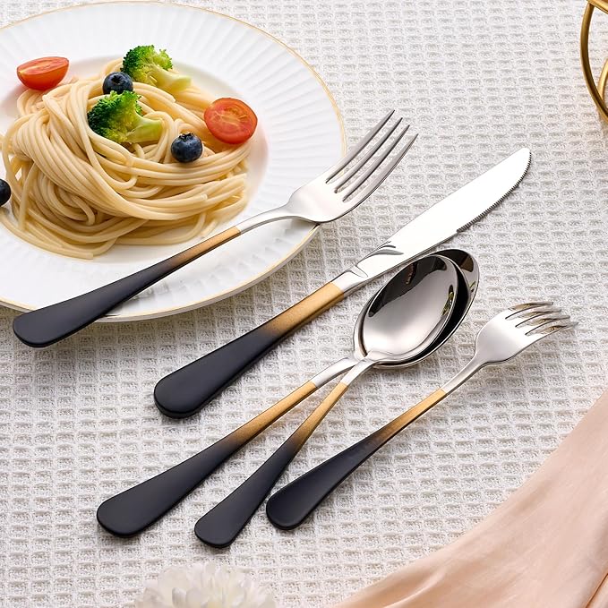 20 Piece Black Gold and Silver 18/0 Flatware Utensil Set for 4, Include Dinner Knife,Dinner Forks,Dinner Spoons,Salad Forks,Teaspoons,Silverware Set for 4, Dishwasher Safe