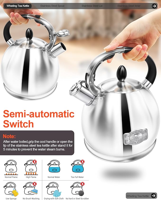 Whistling Tea Kettle for Stovetop, (2.64 Quart-Mirror） Food Grade Stainless Steel Teapot of 5-layer base