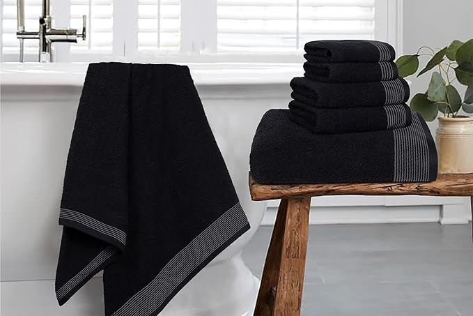 Belizzi Home 100% Cotton Ultra Soft 6 Pack Towel Set, Contains 2 Bath Towels 28x55 inchs, 2 Hand Towels 16x24 inchs & 2 Washcloths 12x12 inchs, Compact Lightweight & Highly Absorbant - Black