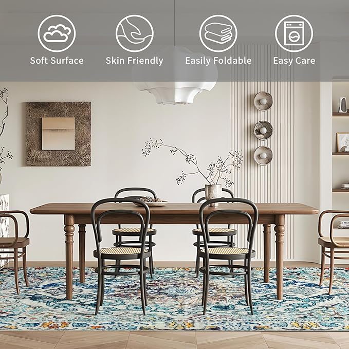 Easy-Going Area Rug 6x9 Washable Boho Rugs for Living Room Non-Slip Bedroom Rug Low Pile Lightweight Medallion Distressed Throw Rug for Dining Room Kitchen Home Office Carpet, Vintage Multi