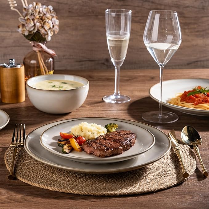 AmorArc Stoneware Dinnerware Sets for 8, 24 Pieces Handpainted Ceramic Plates and Bowls Set, Scratch Resistant Dishes Set, Dishwasher & Microwave Safe, Cappuccino