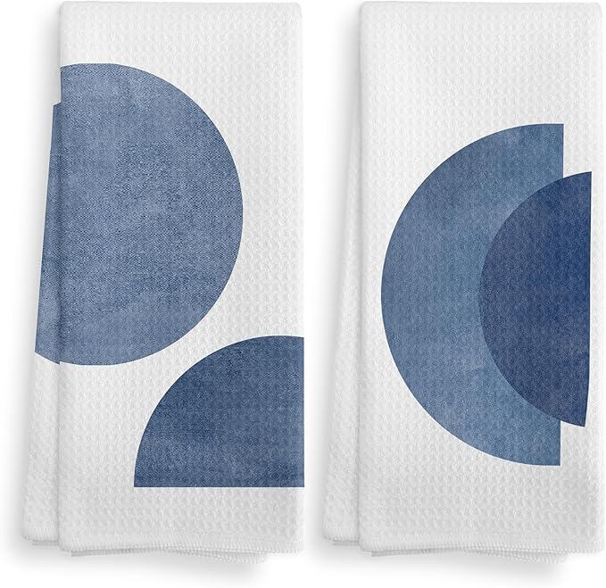Bohemian Blue Circle Kitchen Towels and Dishcloths Set of 2, Abstract Flower Decorative Hand Towels, Blue Botanical Drying Cloth Towels for Bohemian Bathroom, 1624 Inches