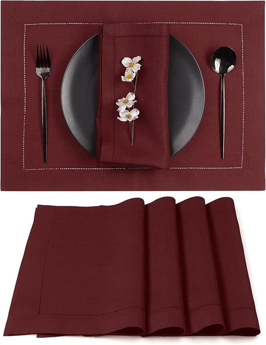 D'Moksha Homes Linen Placemats Set of 4 - Classic Hemstitch Dark Red Placemats 14 x 19 Inch - 100% Pure Linen Table Mats for Winter, Holiday, New Year - Handcrafted and Machine Washable