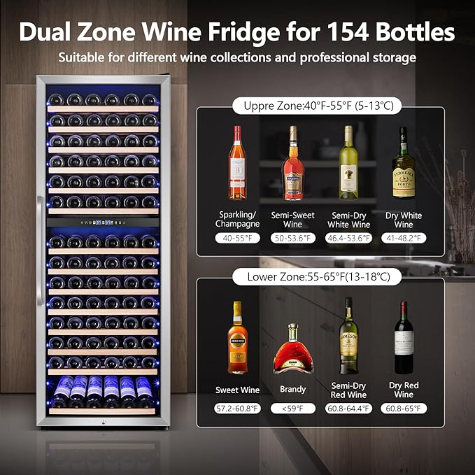 24" Wide Dual-Zone Wine Fridge 154-Bottles, Tall Freestanding/Built-in Wine Cooler Refeigerator, Large Capacity Dual Zone Wine Cellar For Wine Collection, Low Noise and Fast Cooling