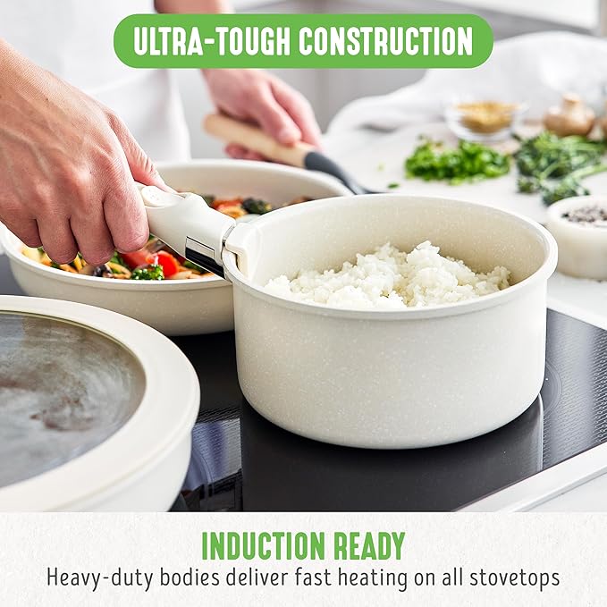 GreenLife 10 Piece Nonstick Pots & Pans Set, Detachable Handle & Stackable Cookware Set, Non Toxic PFAS-Free Skillets, Induction Kitchen Pans, Space Saving, Serving Bowls, Oven Safe, Speckled Cream