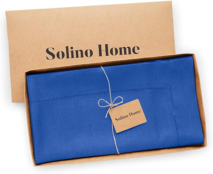 Solino Home Linen Square Tablecloth 52 x 52 Inch - 100% Pure Linen Royal Blue Table Throw - Classic Hemstitch, Machine Washable Table Cloth for New Year