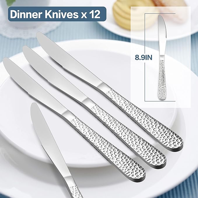 E-far Dinner Knives Set of 12, Stainless Steel Hammered Serrated Table Knife for Home Kitchen Restaurant, Mirror Polished & Dishwasher safe-8.9 Inches