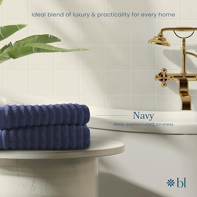 Blue Loom Ribbed Hand 2 Towels Set, 100% Cotton 600GSM, Soft Absorbent Durable Quick Drying for Bathroom - Mason 2 Piece 18" x 30" - Navy