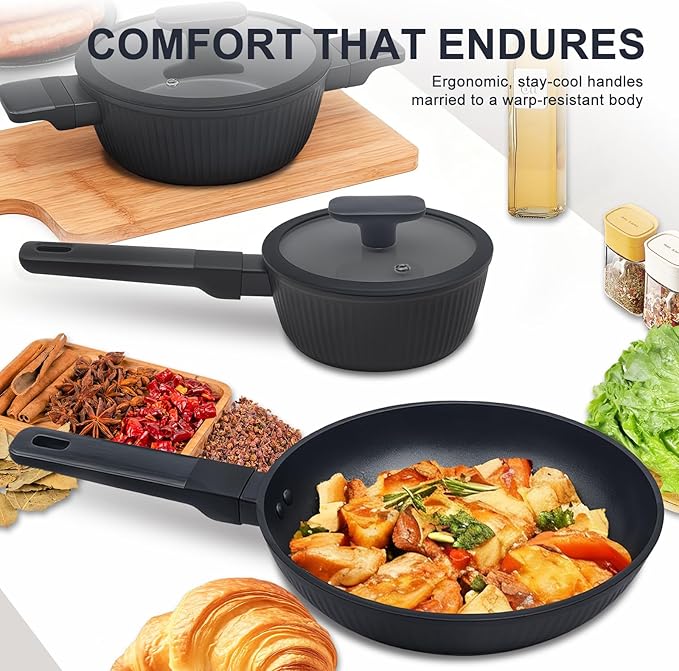 Nonstick Cookware Set Non Toxic, 5-Piece Pots and Pans Set, PFOA/PTFE Free, Induction Ready & Dishwasher Safe, Ceramic Coating for Easy Release