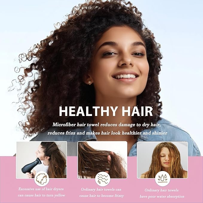 Microfiber Hair Towel Wrap for Women, 2Pack Super Absorbent Hair Turbans for Wet Hair,Curly Hair, Straight,Long.Anti Frizz Drying Towel.(Blue+Pink)