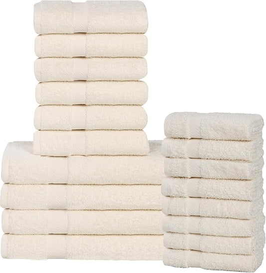 Superior 18-Piece Cotton Assorted Towel Set, Includes 8 Face/Washcloths, 6 Hand, and 4 Bath Towels, Lightweight Essentials, for Home, Gym, Beach, Bathroom, Quick Drying, Franklin Collection, Ivory
