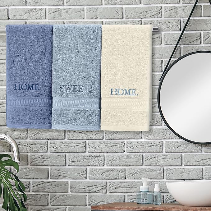 3 Pcs Home Sweet Home Hand Towels Farmhouse Decorative Embroidered Bathroom Hand Towels Rustic 100% Cotton Blue Set for Boho Bathroom Kitchen Decor