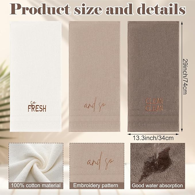 3 Pcs So Fresh and So Clean Clean Farmhouse Decorative Hand Towels for Bathroom and Kitchen Rustic Embroidered 100% Cotton Hand Towels Decorative Set for Boho Bathroom Decor