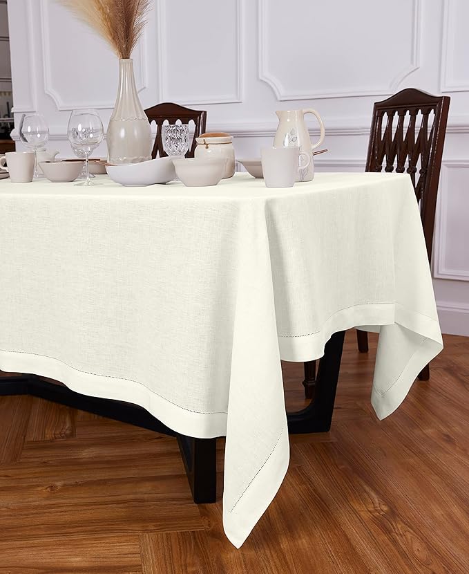 Solino Home Ivory Linen Tablecloth 70 x 144 Inch - 100% Pure Linen Hemstitch Table Cloth for Rectangle Tables - Sonoma Hemstitch, Machine Washable Tablecloth for Holiday