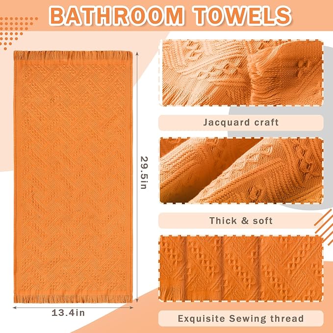 4 Pack Boho Bathroom Hand Towel 14 x 30 Inch 100% Turkish Cotton Decorative Boho Kitchen Hand Towel Farmhouse Bathroom Decor Set Absorbent Soft Guest Tea Gift(Orange)